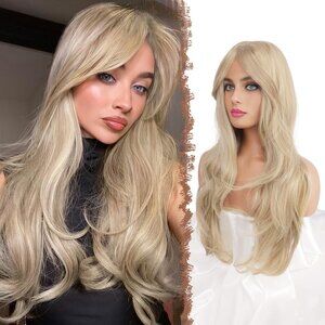 FESHFEN Blonde Wig -  Long Layered Wig with Curtain Bangs